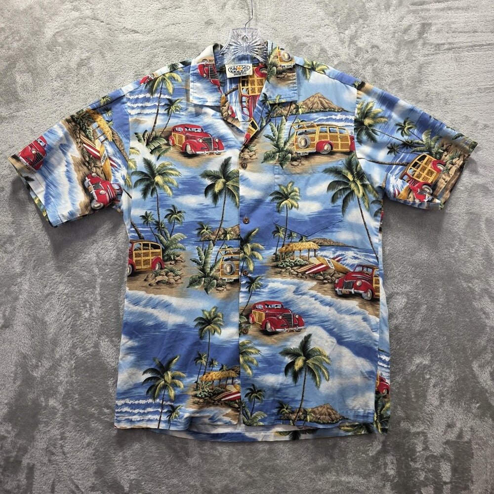 Pacific Legend Shirt Mens Large Blue Hawaiian Beach Cars Palms Aloha Surf Cotton